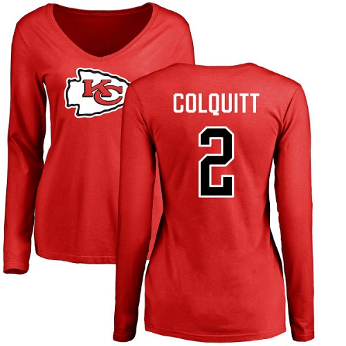 Women Kansas City Chiefs #2 Colquitt Dustin Red Name and Number Logo Slim Fit Long Sleeve TShirt